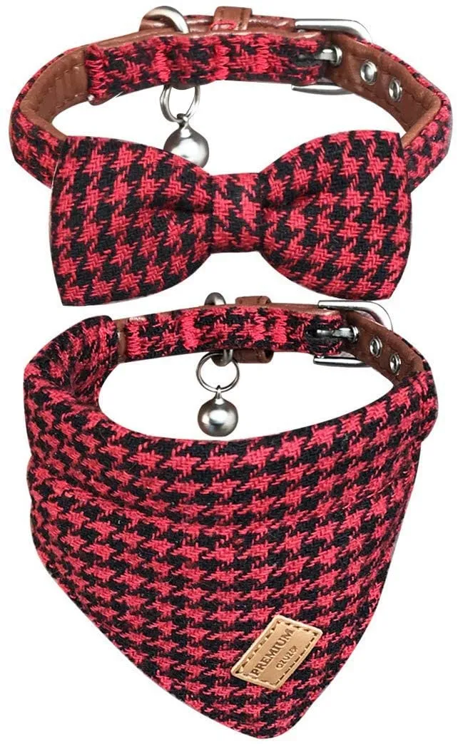 Azuza - Collares para gato pequeño con campanas extraíbles, 2 unidades de collares de piel sintética con pajarita y bandana