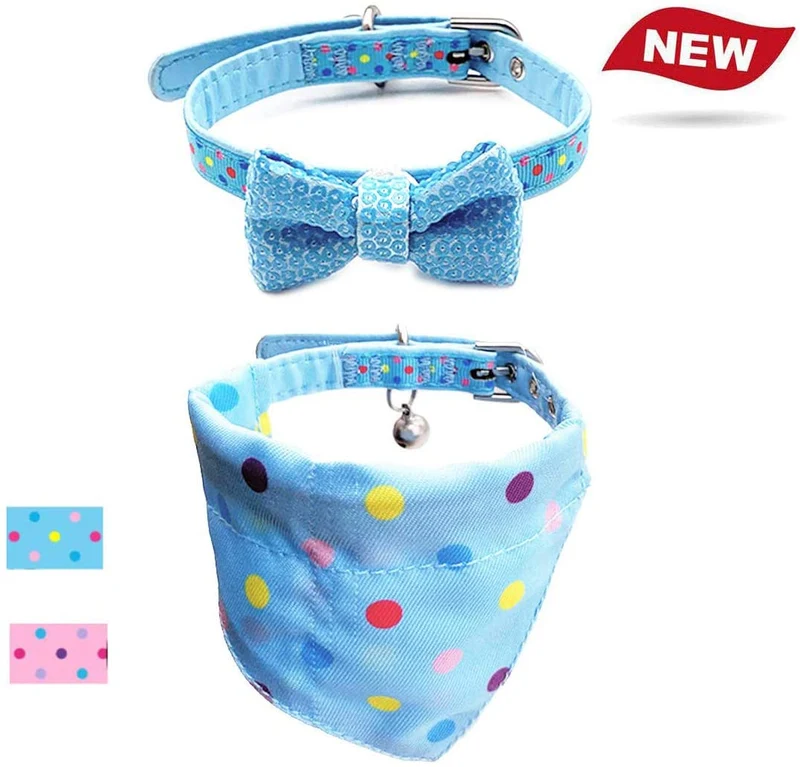 Azuza - Collares para gato pequeño con campanas extraíbles, 2 unidades de collares de piel sintética con pajarita y bandana