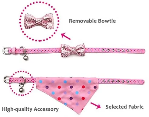 Azuza - Collares para gato pequeño con campanas extraíbles, 2 unidades de collares de piel sintética con pajarita y bandana