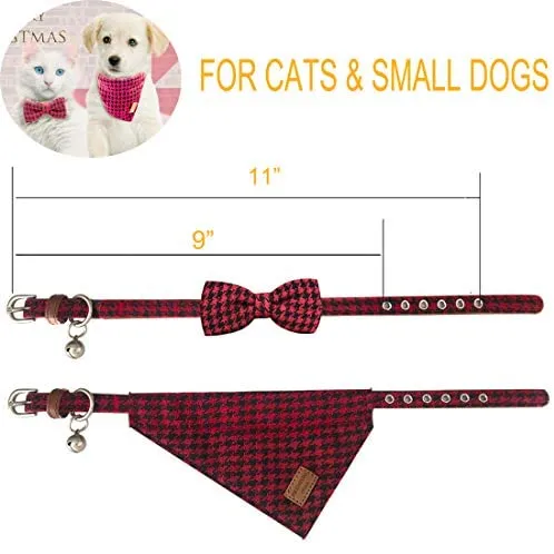 Azuza - Collares para gato pequeño con campanas extraíbles, 2 unidades de collares de piel sintética con pajarita y bandana