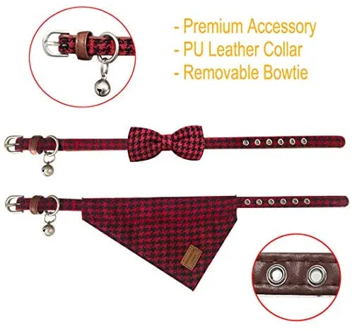 Azuza - Collares para gato pequeño con campanas extraíbles, 2 unidades de collares de piel sintética con pajarita y bandana