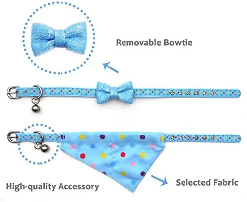 Azuza - Collares para gato pequeño con campanas extraíbles, 2 unidades de collares de piel sintética con pajarita y bandana