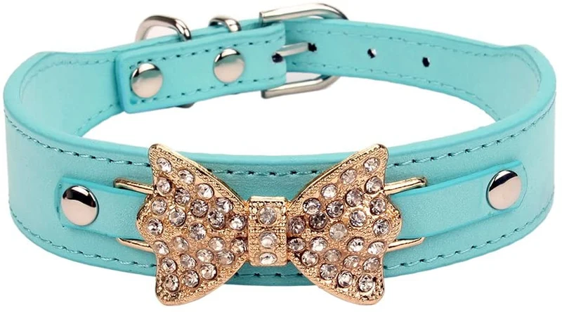 aolove Moda Rhinestones Diamante mariposa lazo corbata ajustable Piel Sintética mascota collares para perros gatos cachorro