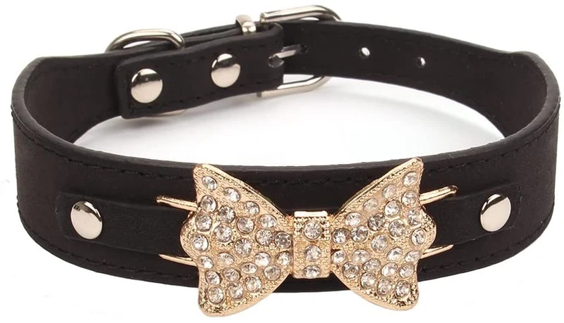 aolove Moda Rhinestones Diamante mariposa lazo corbata ajustable Piel Sintética mascota collares para perros gatos cachorro