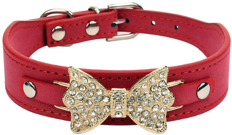 aolove Moda Rhinestones Diamante mariposa lazo corbata ajustable Piel Sintética mascota collares para perros gatos cachorro