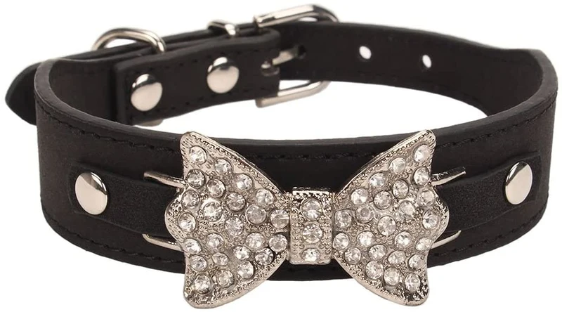 aolove Moda Rhinestones Diamante mariposa lazo corbata ajustable Piel Sintética mascota collares para perros gatos cachorro