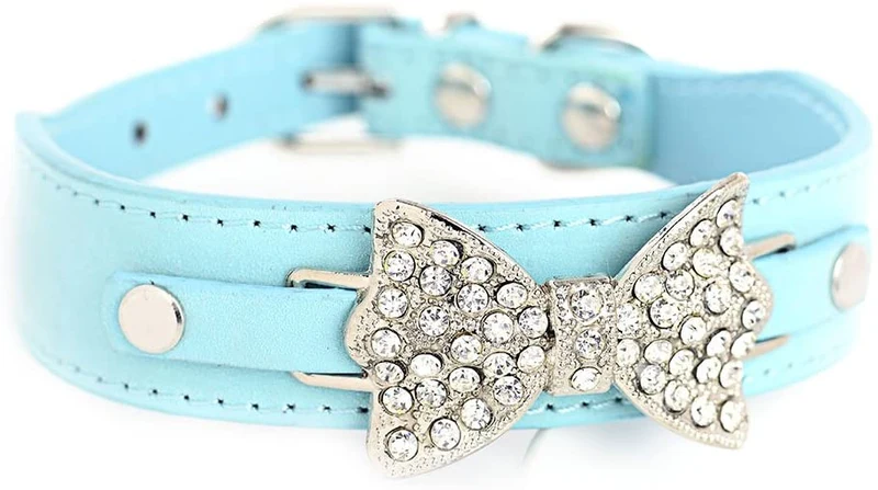 aolove Moda Rhinestones Diamante mariposa lazo corbata ajustable Piel Sintética mascota collares para perros gatos cachorro