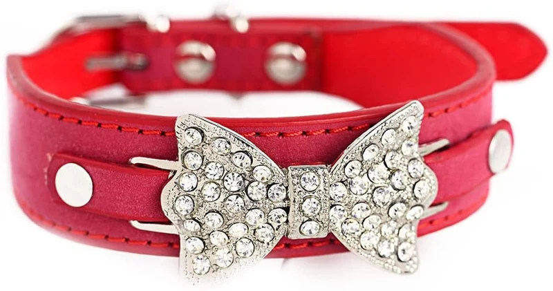 aolove Moda Rhinestones Diamante mariposa lazo corbata ajustable Piel Sintética mascota collares para perros gatos cachorro
