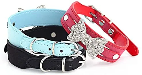 aolove Moda Rhinestones Diamante mariposa lazo corbata ajustable Piel Sintética mascota collares para perros gatos cachorro