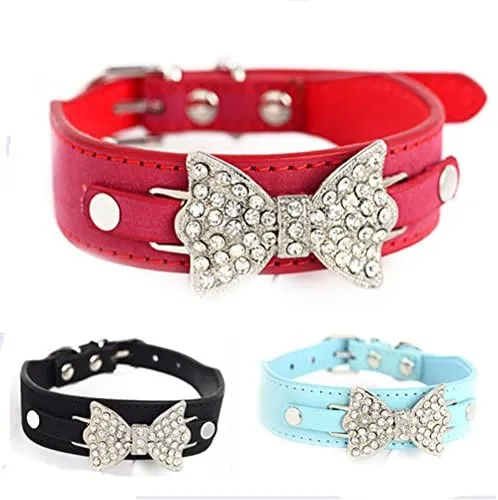 aolove Moda Rhinestones Diamante mariposa lazo corbata ajustable Piel Sintética mascota collares para perros gatos cachorro