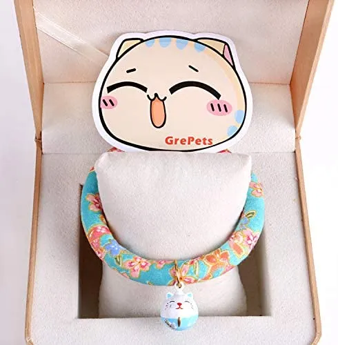 Accesyes - Collar de gato con estampado japonés Chirimen con corbata para gato, cachorro, mascota, ajustable, talla única, azul (Cute Blue)