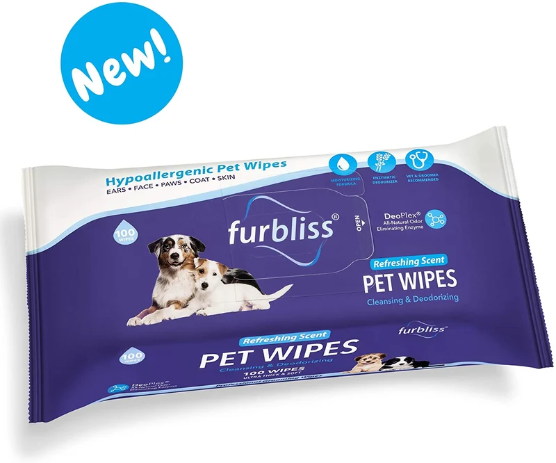 Toallitas higiénicas para mascotas Furbliss para perros y gatos, limpieza de aseo y desodorizante, hipoalergénicas gruesas toallitas con desodorizador Deoplex natural, 100 unidades