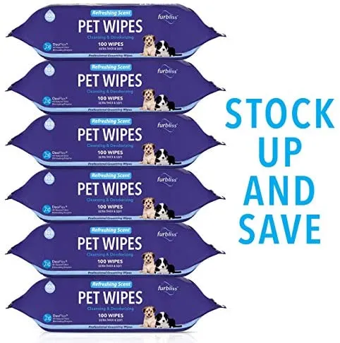 Toallitas higiénicas para mascotas Furbliss para perros y gatos, limpieza de aseo y desodorizante, hipoalergénicas gruesas toallitas con desodorizador Deoplex natural, 100 unidades