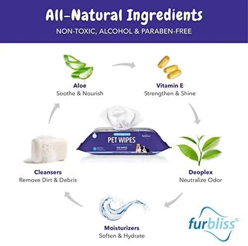 Toallitas higiénicas para mascotas Furbliss para perros y gatos, limpieza de aseo y desodorizante, hipoalergénicas gruesas toallitas con desodorizador Deoplex natural, 100 unidades
