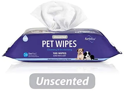 Toallitas higiénicas para mascotas Furbliss para perros y gatos, limpieza de aseo y desodorizante, hipoalergénicas gruesas toallitas con desodorizador Deoplex natural, 100 unidades