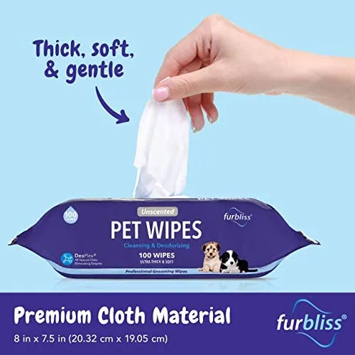 Toallitas higiénicas para mascotas Furbliss para perros y gatos, limpieza de aseo y desodorizante, hipoalergénicas gruesas toallitas con desodorizador Deoplex natural, 100 unidades