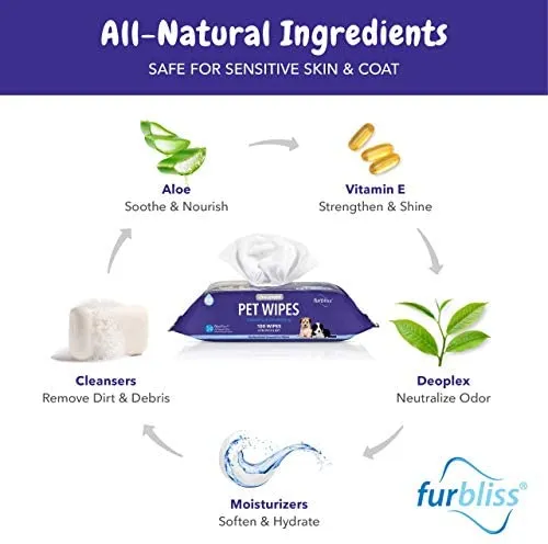 Toallitas higiénicas para mascotas Furbliss para perros y gatos, limpieza de aseo y desodorizante, hipoalergénicas gruesas toallitas con desodorizador Deoplex natural, 100 unidades