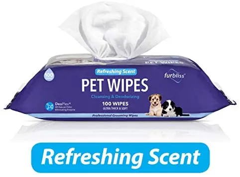 Toallitas higiénicas para mascotas Furbliss para perros y gatos, limpieza de aseo y desodorizante, hipoalergénicas gruesas toallitas con desodorizador Deoplex natural, 100 unidades
