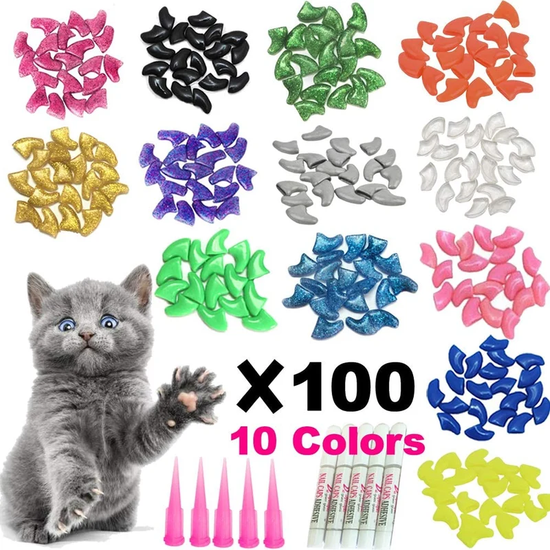 YMCCOOL - 100 tapones para uñas de gato, para mascotas, gatos, gatitos, garras suaves, para controlar las patas de 10 tapones de uñas y 5 pegamentos, 5 aplicadores con instrucciones (idioma español no garantizado)