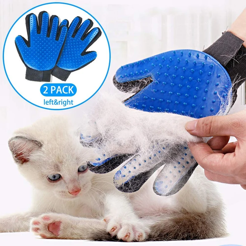 Starroad TIM guante de aseo para mascotas, cepillo removedor de pelo, suave desenredado, eficiente, guante de masaje para mascotas, guantes de mano izquierda y derecha, para gatos de pelo largo y corto (1 par de mano izquierda y derecha (azul)