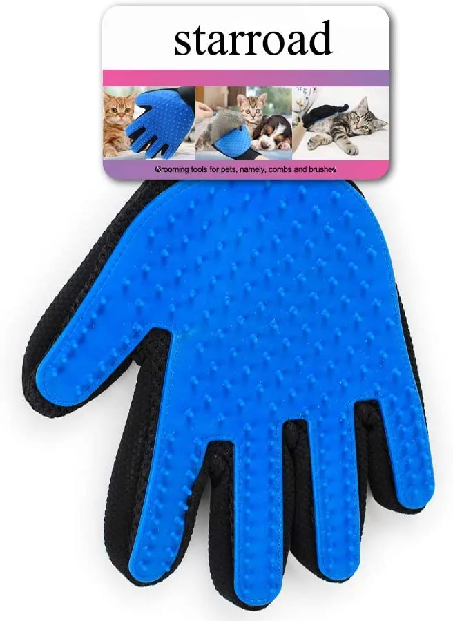 Starroad TIM guante de aseo para mascotas, cepillo removedor de pelo, suave desenredado, eficiente, guante de masaje para mascotas, guantes de mano izquierda y derecha, para gatos de pelo largo y corto (1 par de mano izquierda y derecha (azul)