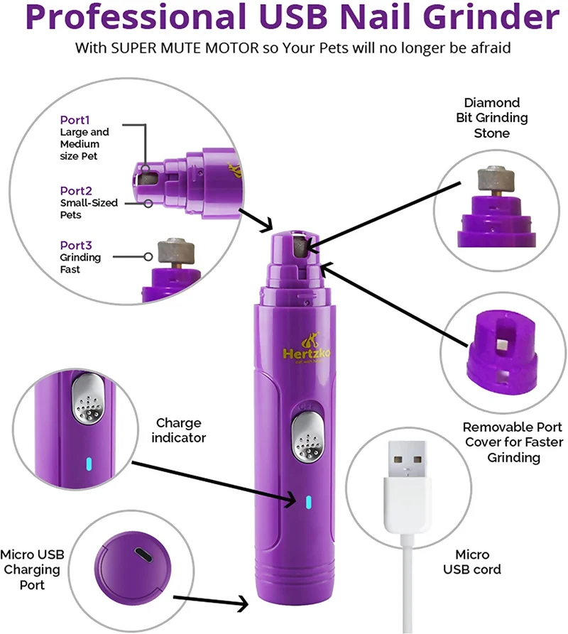 Lima de uñas eléctrica Hertzko, para cortar uñas de forma suave e indolora, para mascotas, desbarbado, moldeador y suavizar, para gatos, batería portátil e incluye cable USB