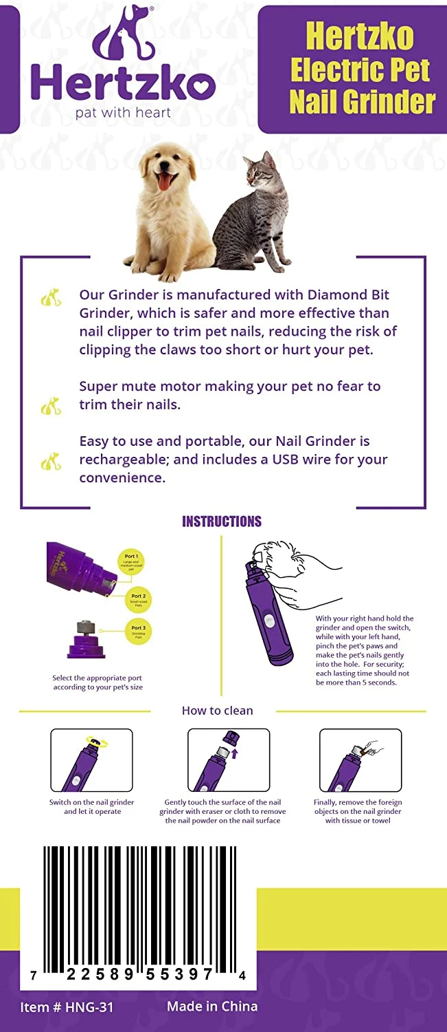 Lima de uñas eléctrica Hertzko, para cortar uñas de forma suave e indolora, para mascotas, desbarbado, moldeador y suavizar, para gatos, batería portátil e incluye cable USB