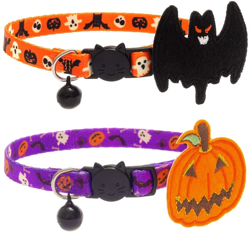 PAWCHIE 2 collares para gatos de Halloween con campana ajustable Breakaway Cat Collar con patrón de murciélago de calabaza para fiesta de Halloween
