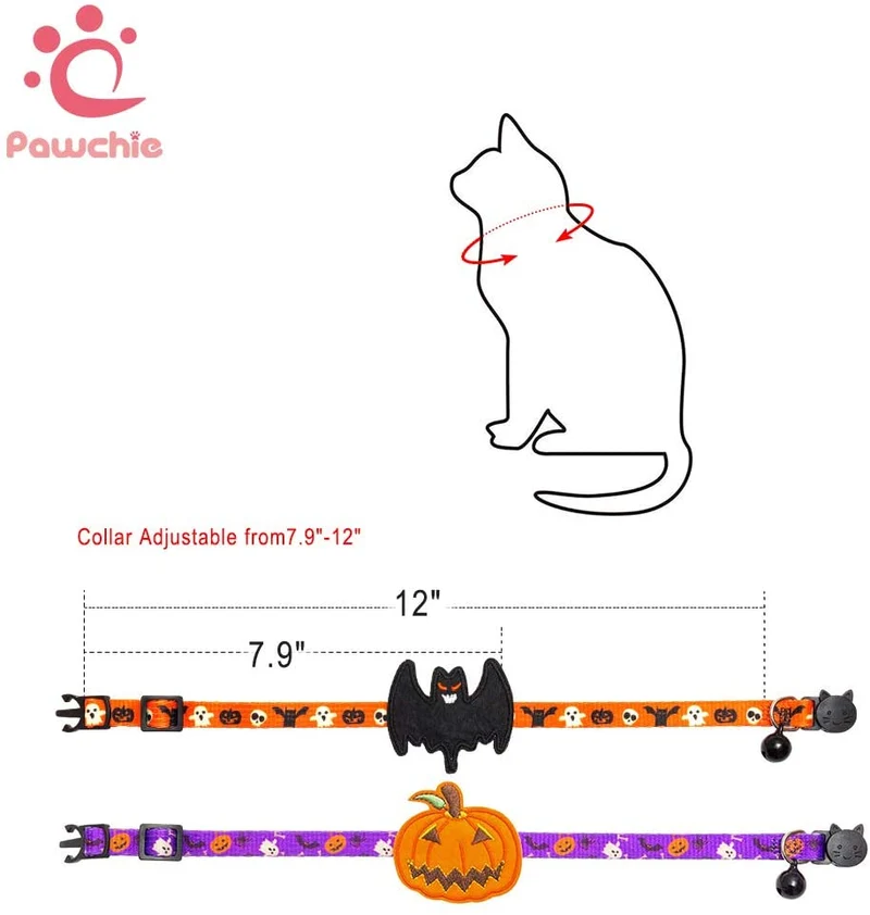 PAWCHIE 2 collares para gatos de Halloween con campana ajustable Breakaway Cat Collar con patrón de murciélago de calabaza para fiesta de Halloween