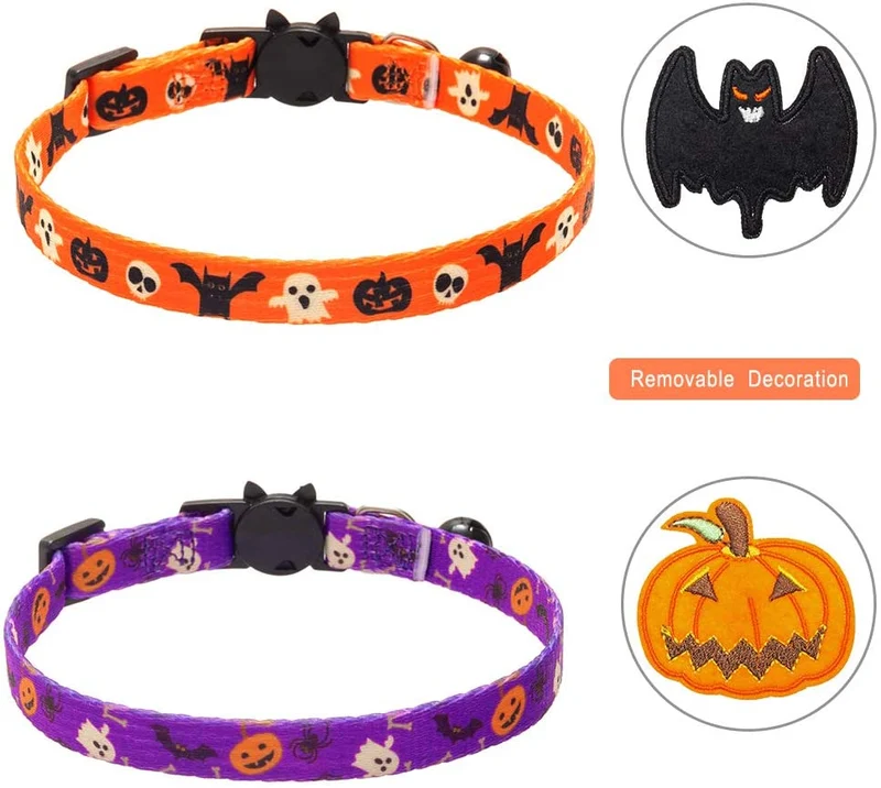 PAWCHIE 2 collares para gatos de Halloween con campana ajustable Breakaway Cat Collar con patrón de murciélago de calabaza para fiesta de Halloween