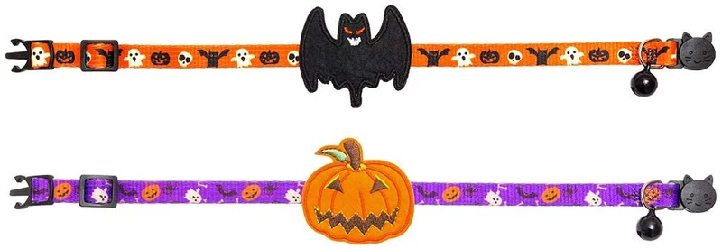 PAWCHIE 2 collares para gatos de Halloween con campana ajustable Breakaway Cat Collar con patrón de murciélago de calabaza para fiesta de Halloween