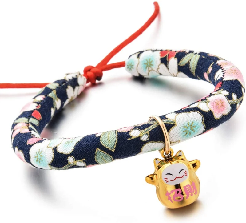 Accesyes - Collar de gato con estampado japonés Chirimen con corbata para gato, mascota, ajustable, talla única