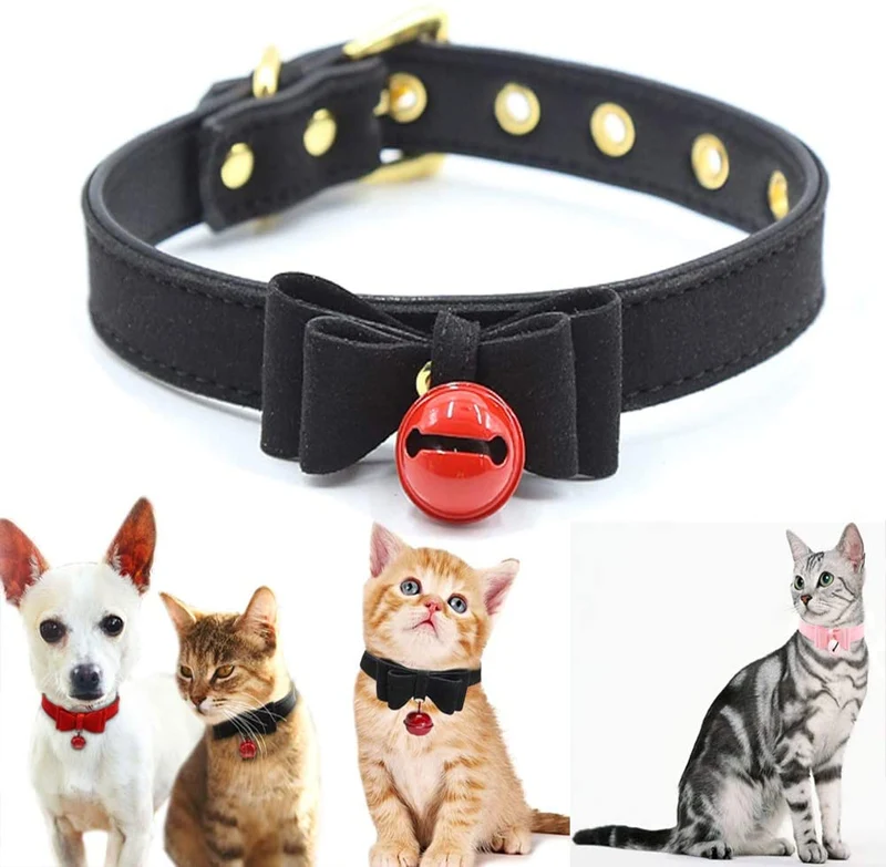 Collar de piel sintética con lazo para gato, con campana, gato, gato, ajustable, de seguridad