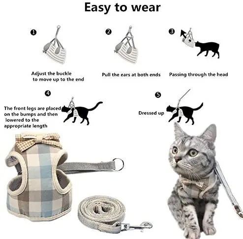 WANONEE - Arnés para gato, chaleco de cuerda con correa, cómodo, ajustable, fácil de poner y quitar, chamarra para gato con lazos para cachorro de animales pequeños