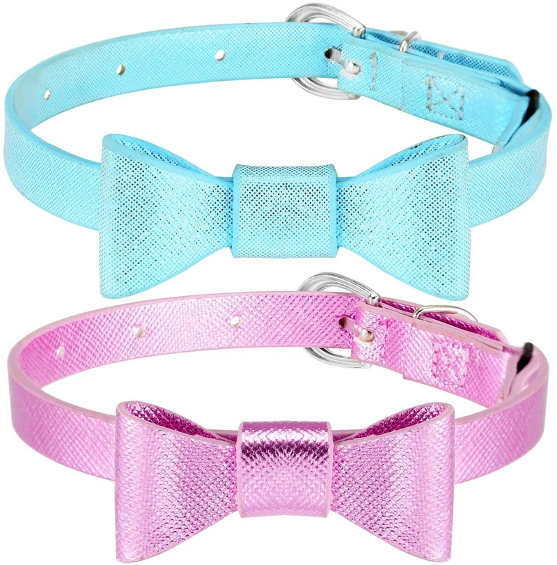 Joansan Adjustable Cats Collar Bell, Personalized Leather Bowtie, Safety Pets Cat Collars with Elastic, Length 7-10 Inch Good for Cat, Kitten and Puppy, 2 Packs Bowtie Pet Collars