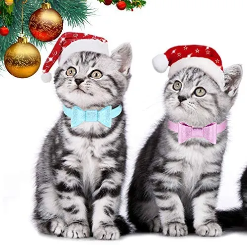 Joansan Adjustable Cats Collar Bell, Personalized Leather Bowtie, Safety Pets Cat Collars with Elastic, Length 7-10 Inch Good for Cat, Kitten and Puppy, 2 Packs Bowtie Pet Collars