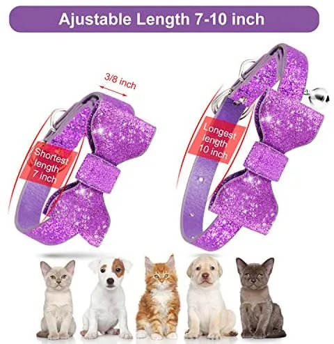 Joansan Adjustable Cats Collar Bell, Personalized Leather Bowtie, Safety Pets Cat Collars with Elastic, Length 7-10 Inch Good for Cat, Kitten and Puppy, 2 Packs Bowtie Pet Collars