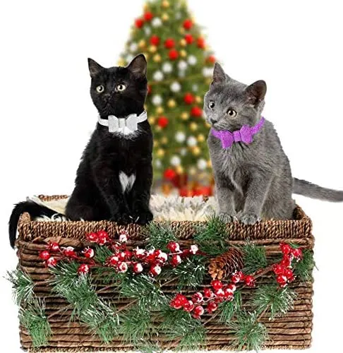 Joansan Adjustable Cats Collar Bell, Personalized Leather Bowtie, Safety Pets Cat Collars with Elastic, Length 7-10 Inch Good for Cat, Kitten and Puppy, 2 Packs Bowtie Pet Collars