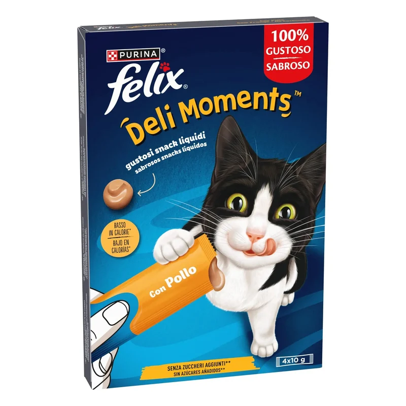 Felix Deli Moments Snack Líquido para Gatos (Pollo, Pato o Salmón) Pack 4x10 g