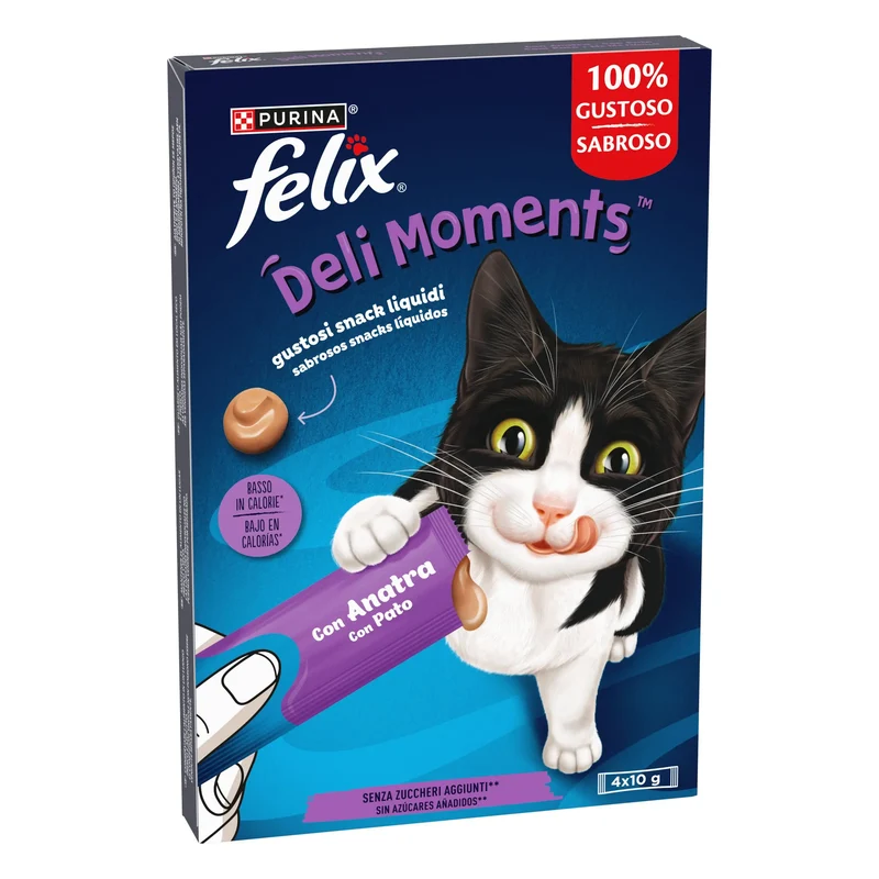 Felix Deli Moments Snack Líquido para Gatos (Pollo, Pato o Salmón) Pack 4x10 g