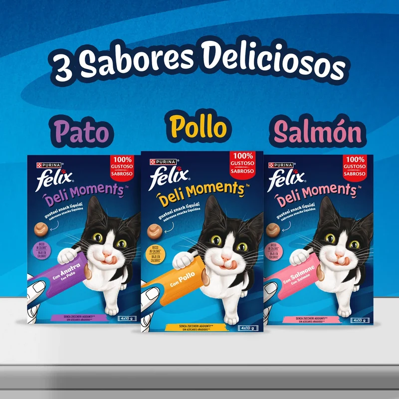 Felix Deli Moments Snack Líquido para Gatos (Pollo, Pato o Salmón) Pack 4x10 g