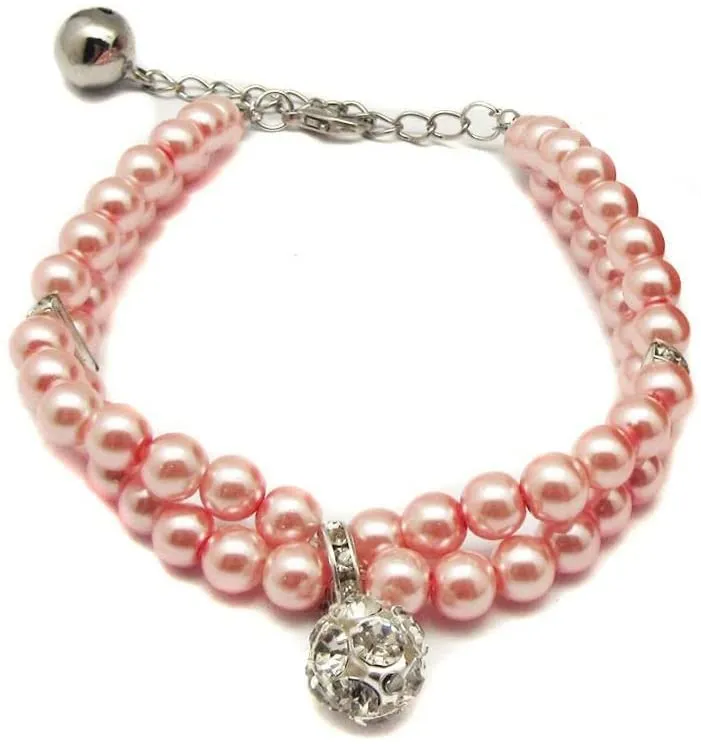 PetFavorites - Collar de perlas de 2 filas de diamantes de imitación para mascotas, gatos