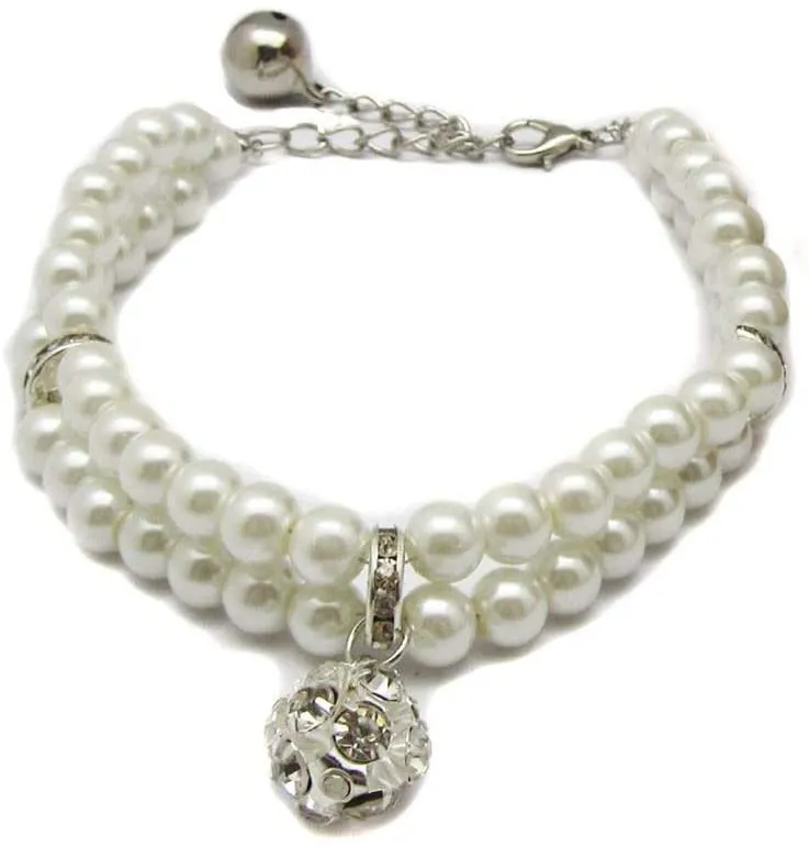 PetFavorites - Collar de perlas de 2 filas de diamantes de imitación para mascotas, gatos