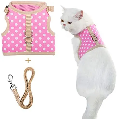 Arnés de gato PUPTECK con correa a prueba de escape, arnés ajustable de malla suave, chaleco cómodo para gatos, cachorros con patrón de puntos