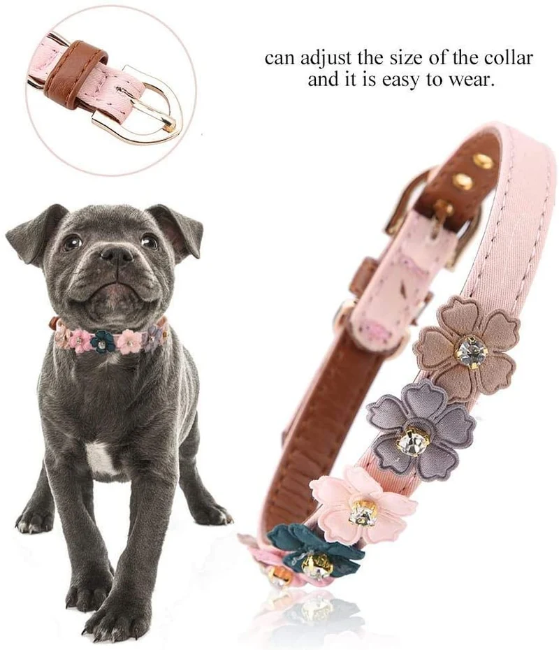 Axgo - Collar ajustable de piel sintética para gato, diseño de margaritas y diamantes de imitación, 0.5 x 13.4 in, color rosa