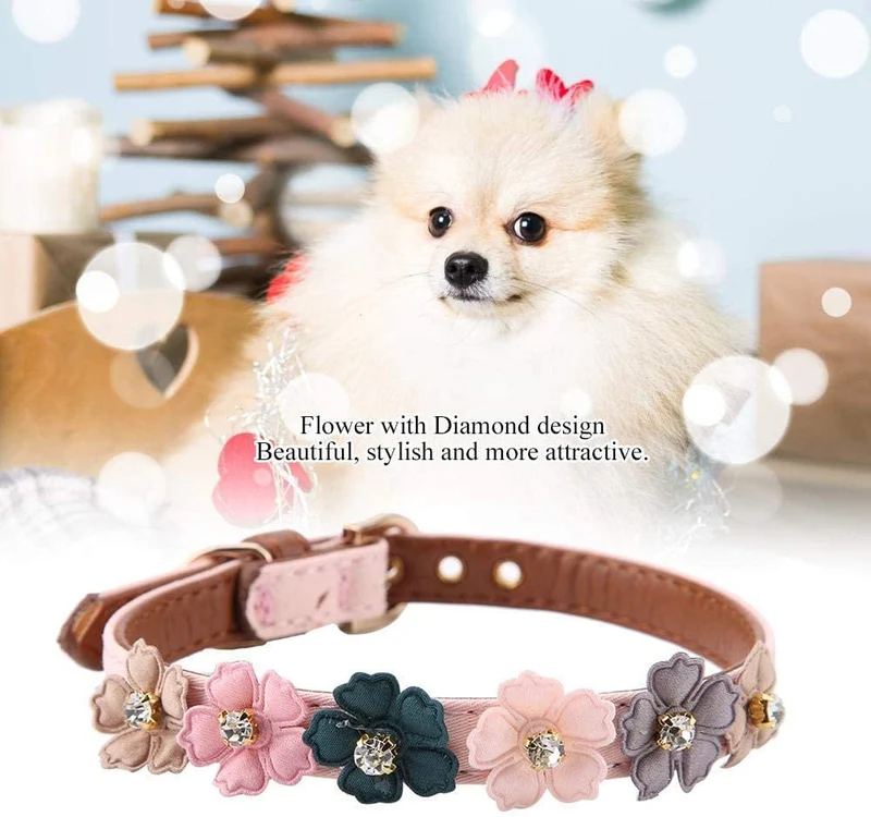 Axgo - Collar ajustable de piel sintética para gato, diseño de margaritas y diamantes de imitación, 0.5 x 13.4 in, color rosa