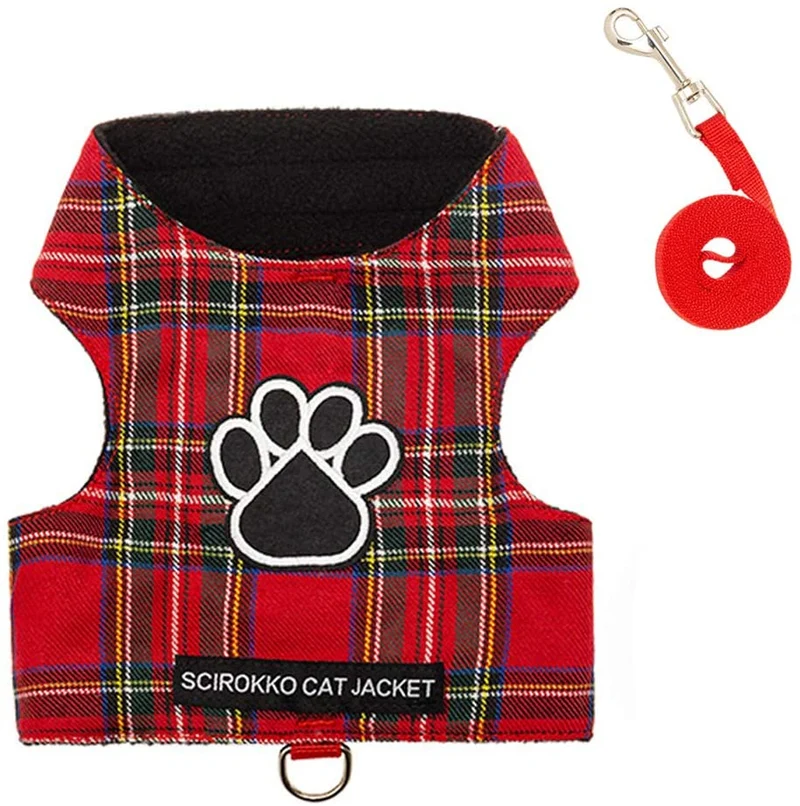 SCIROKKO - Arnés y correa para gato, a prueba de escape, ajustable, para caminar al aire libre con hebilla de seguridad, a cuadros