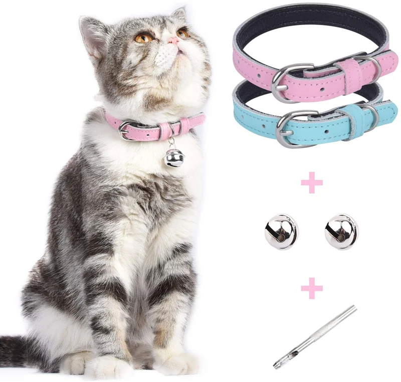 Lumimi - Collar para gato, collar para cachorro, piel auténtica, longitud ajustable, fácil de limpiar, duradero y seguro, incluye cascabel y perforador, multicolor