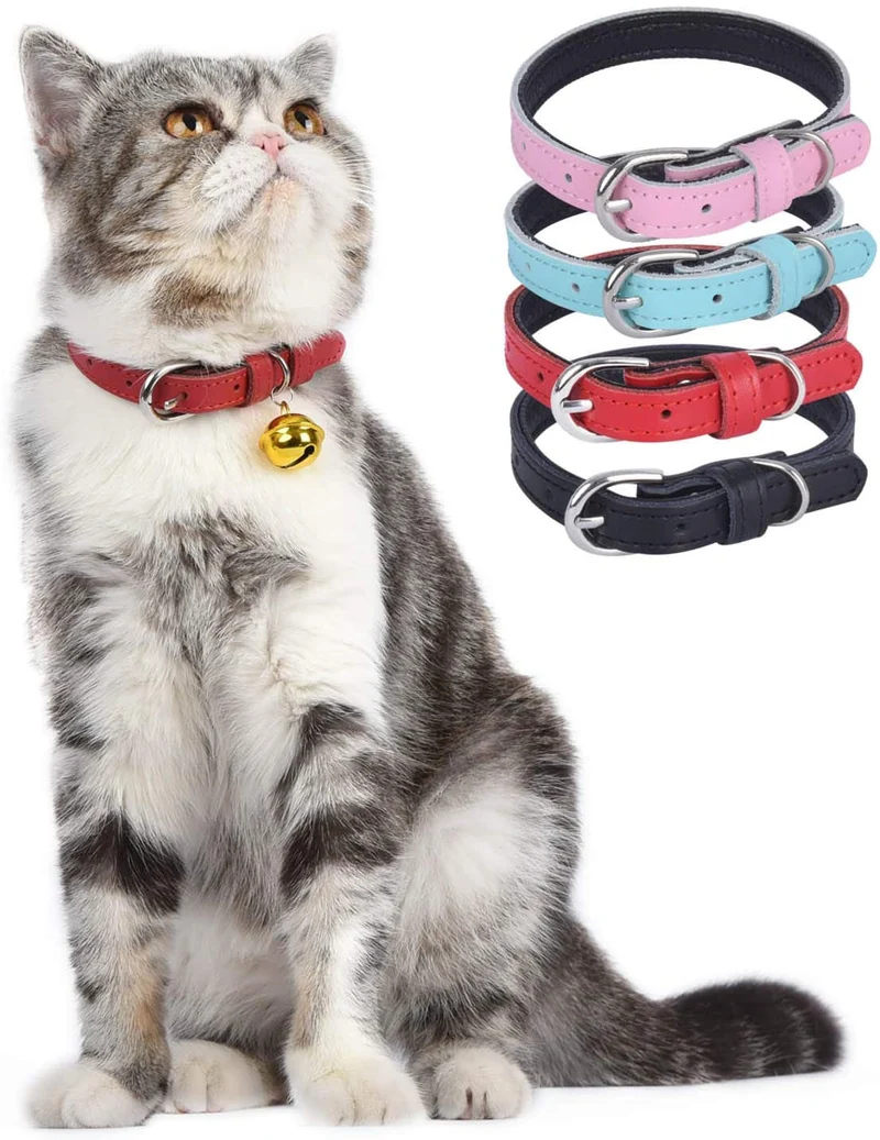 Lumimi - Collar para gato, collar para cachorro, piel auténtica, longitud ajustable, fácil de limpiar, duradero y seguro, incluye cascabel y perforador, multicolor