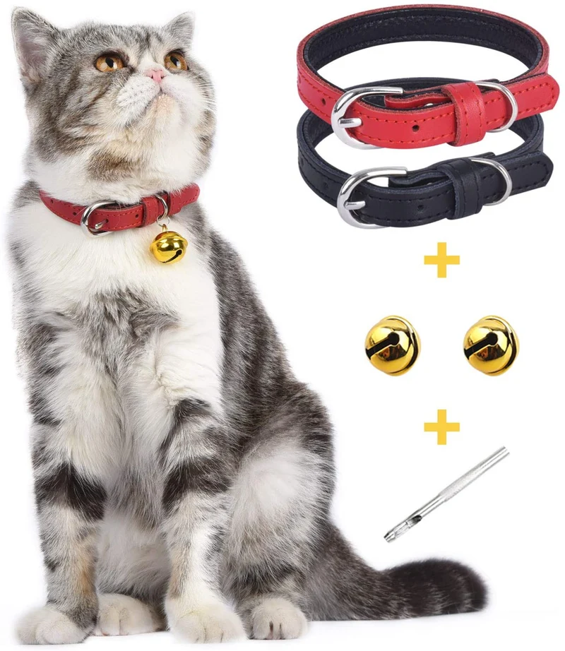 Lumimi - Collar para gato, collar para cachorro, piel auténtica, longitud ajustable, fácil de limpiar, duradero y seguro, incluye cascabel y perforador, multicolor